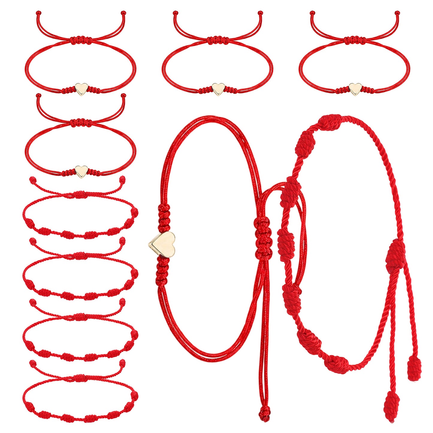 Psyqtsuary 8 Pcs Red String Bracelet Set, 7 Knot Good Luck Bracelets & Matching Heart Friendship Bracelets, Red Bracelet for Women Knots String for Protection Adjustable Lucky Charm-Bracelet