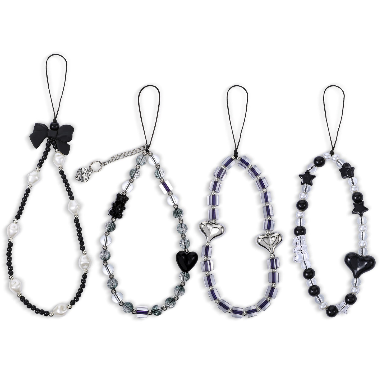 SynHHergyx Beaded Phone Charm, 4 Pcs Crystal Black Heart Bow Phone Charms Strap Acrylic Gothic Phone Chain Aesthetic Phone Bracelet Strap for Women Camera Key Purse Pendants Decor