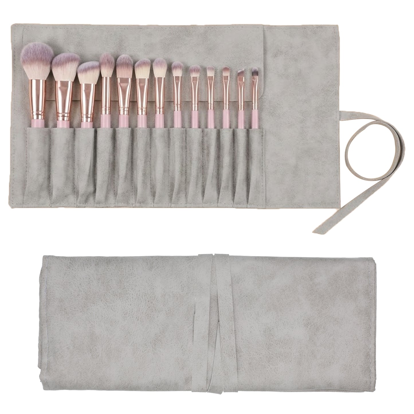 Roll-Up Makeup Brush Organizer, PU Leather 14 Slot Travel Makeup Brush Holder Portable Makeup Brush Bag for Women Cosmetic Brushes Storage (Grey, Brushes Not Included)