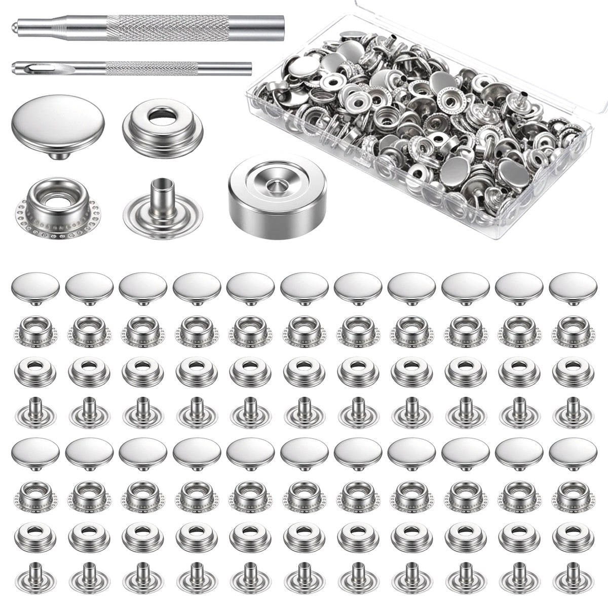 Metal Snap Button Kit, 200 PCS(50 Sets) 15mm Heavy Duty Snaps