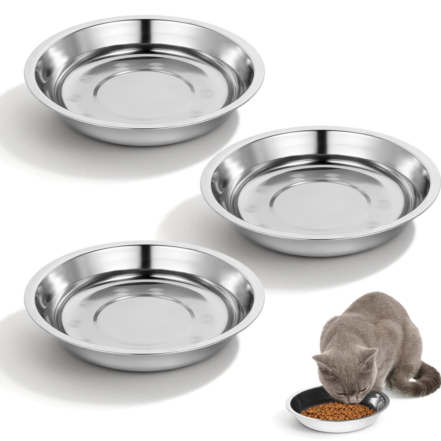 3pcs Stainless Steel Cat Bowls Dishes Cats Food Bowls Whisker Friendly Food Dishes for Indoor Cats 6.3 Inch Metal Shallow Cat Pet Water Feeding Bowl Plates Fatigue Relief for Wet & Dry Foods