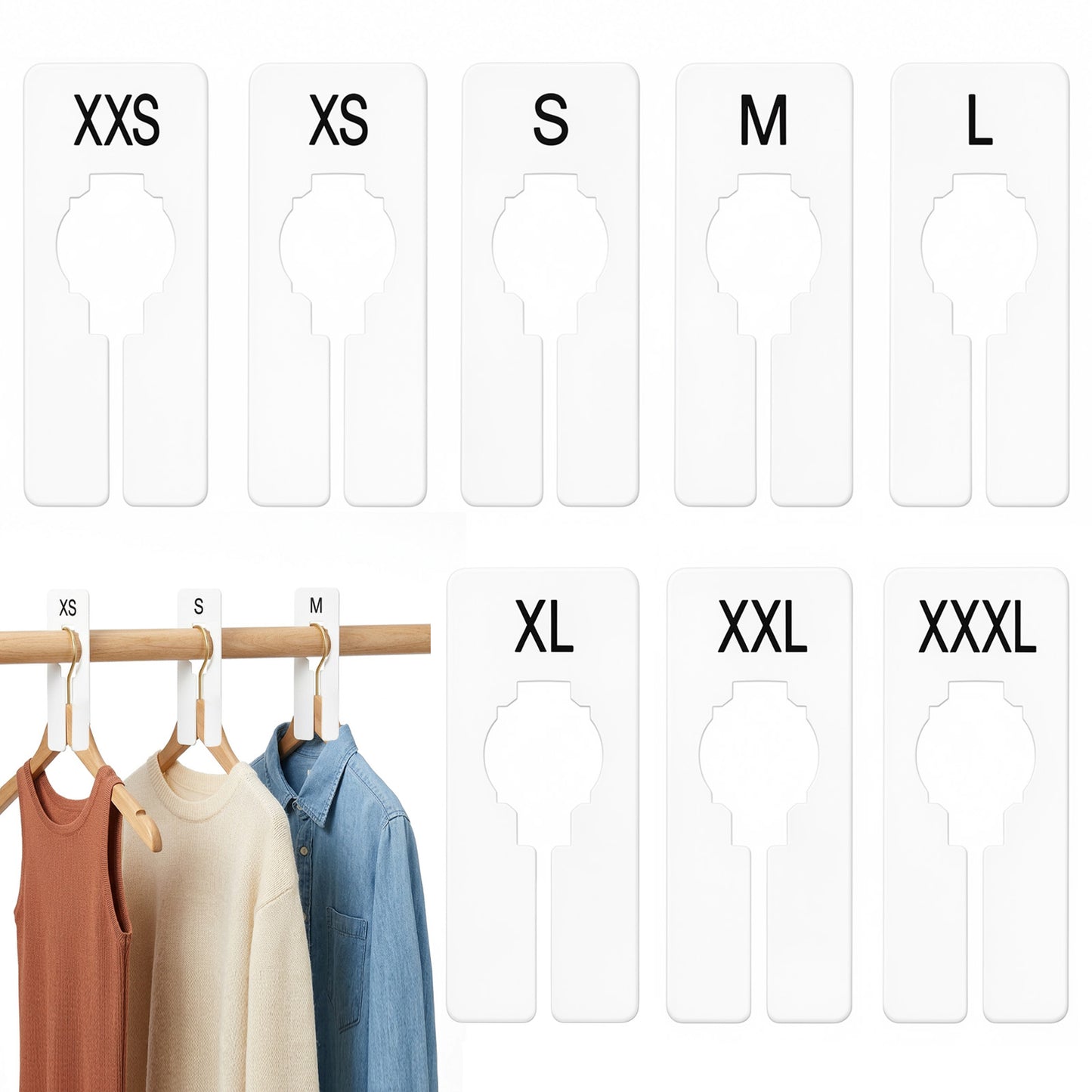 8 PCS Clothing Size Dividers for Clothing Racks, 8 Sizes XXS, XS, S, M, L, XL, XXL, XXXL White Closet Rack Dividers Hanger Labels Reusable Plastic Closet Divider for Hanging Clothes Size Markers