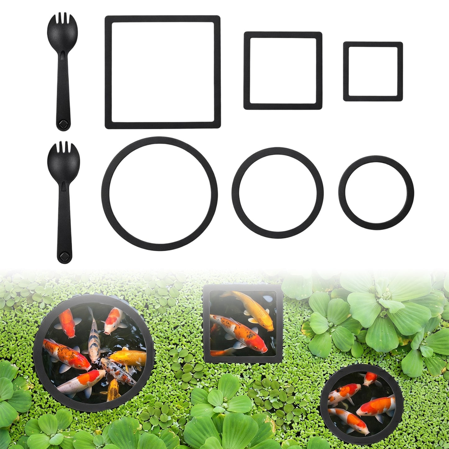 6 Pcs Aquarium Floating Plant Corral, Round & Square Fish Feeding Rings, EVA Fish Tank Accessories for Betta and Small Fishs, Floating Plant Barrier & Feeder Set with 2 Feeding Forks (Black)
