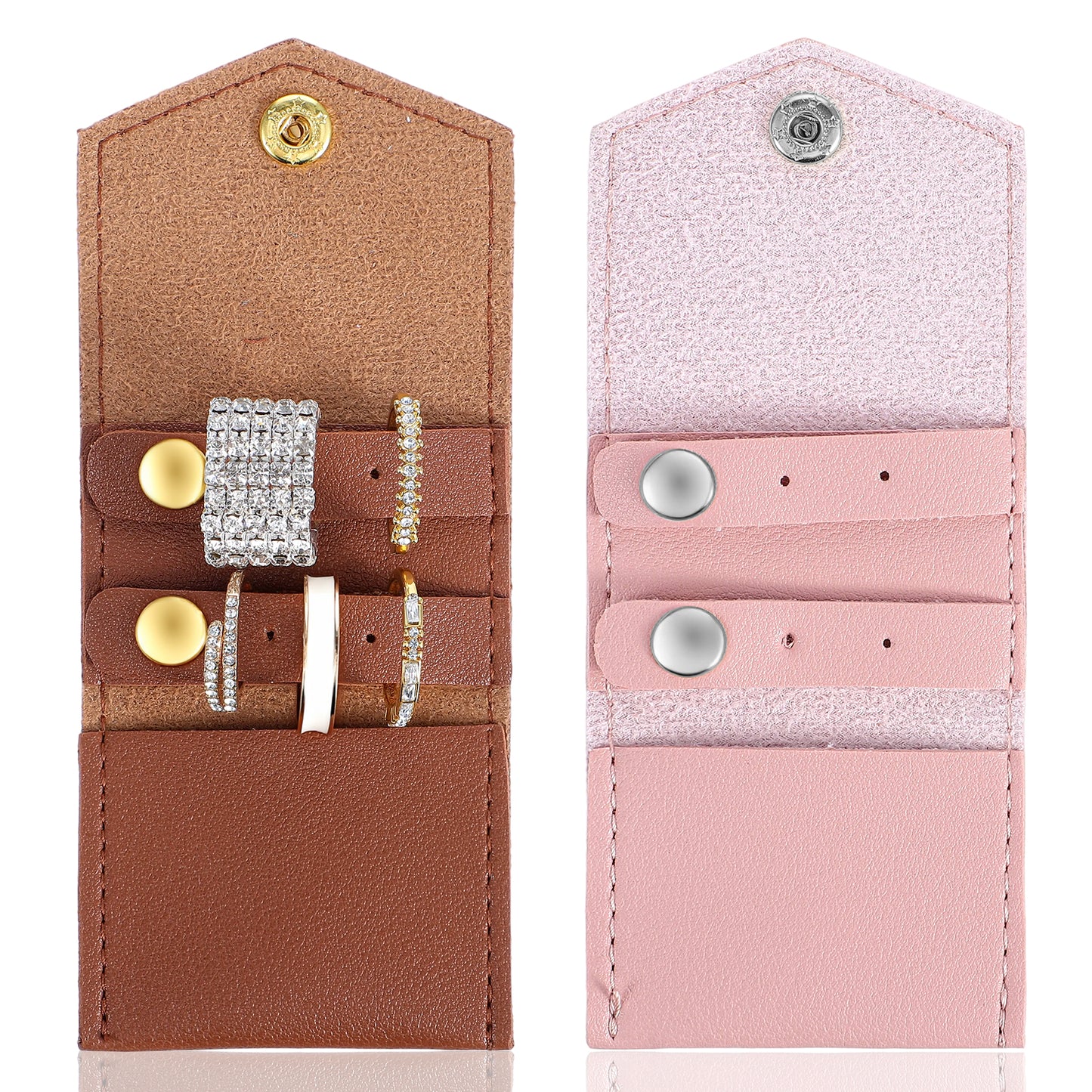 Xelsluthe 2 PCS Mini Travel Jewelry Roll Bag, Foldable Travel Jewelry Pouch with Buckle, Multifunctional Portable Small Traveling Storage Roll Case for Rings Earrings Necklaces (Brown, Pink)