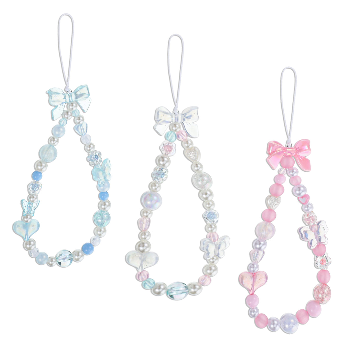 Zelphvt Beaded Phone Charm Lanyard Wrist Strap Cute Bow Butterfly Love Heart Flower Beaded Charm Phone Bracelet Keychain Cellphone Charms Strap for Women, Blue, Pink, White