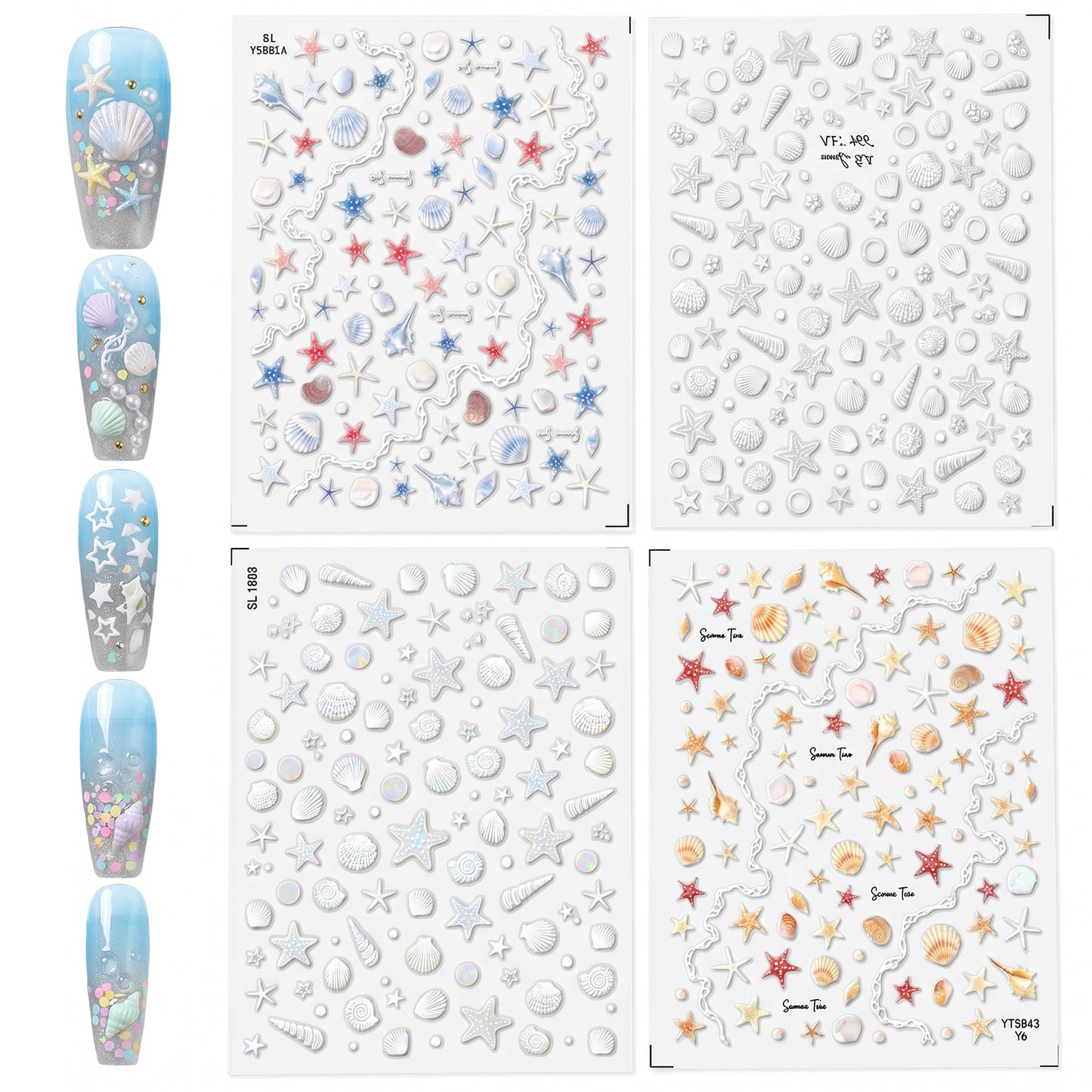 Beach Nail Stickers, 4 Sheets 5D Embossed Starfish Seashell Ocean Nail Stickers Self Adhesive Sea Theme Summer Nail Decals for Women DIY Manicure Decorations