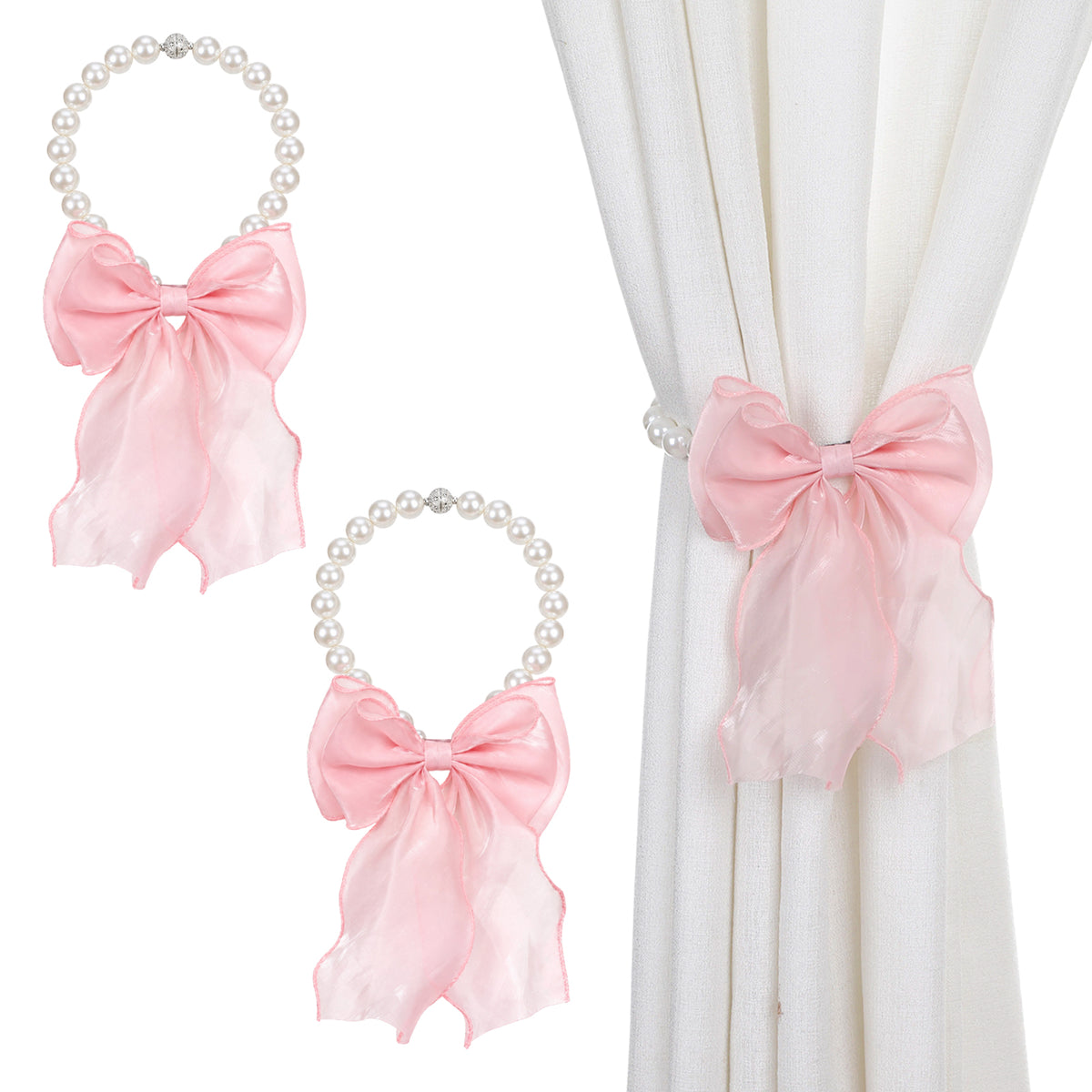 2 Pack Pink Bow Curtain Tiebacks, Elegant Bow Peral Curtain Holdbacks