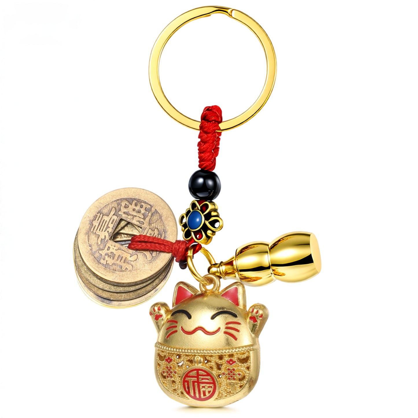 Zelphvt 1 PCS Lucky Cat Keychain, Japanese Keychain with Feng Shui Coins Lucky Cat Charm Vintage Buddha Statue Kitty Key Pendant for Women, Man(Gold)