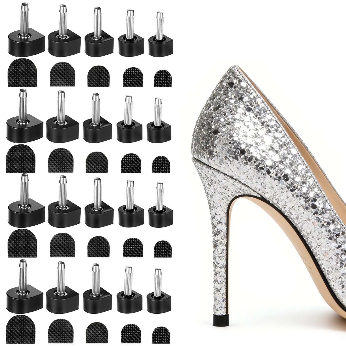 20 Pairs High Heel Replacement Tips 5 Sizes U-Shape Heel Replacement Tips Non-Slip Women’s Shoes Tip Repair Kit for Quick DIY Installation Women's Shoes(8/9/10/11/12mm, Black)
