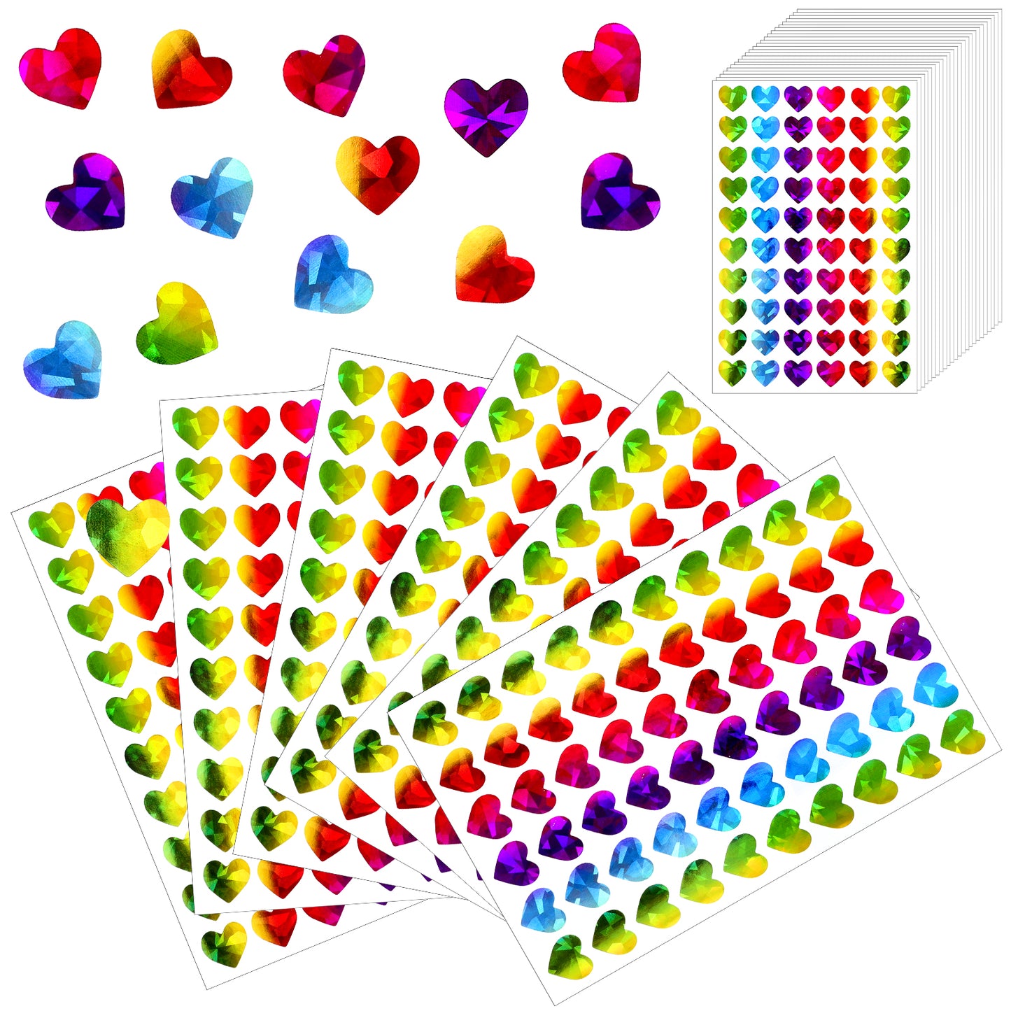 2400 Pcs Holographic Heart Stickers, 1/2" Sparkly Valentines Stickers Glitter Self Adhesive Mini Sticker Love Decorative Labels for Wedding, Valentine's Day, Scrapbooking (Rainbow)
