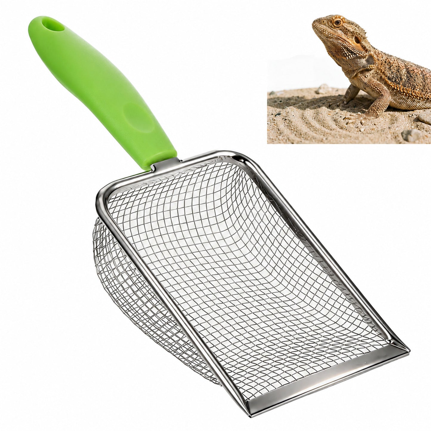 Stainless Steel Reptile Sand Substrate Scoop, Fine Mesh Metal Reptile Litter Cleaner Scooper, Mesh Litter-Shovel, Litter Cleaner Corner Scoop Sand Sifter for Terrarium Sands Waste (Green, 11 Inch)