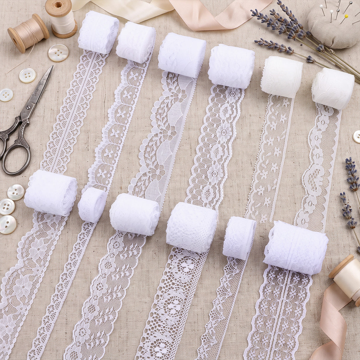 55m White Lace Trim, 12 Rolls 1.5 to 5 cm Ribbon Lace for Sewing