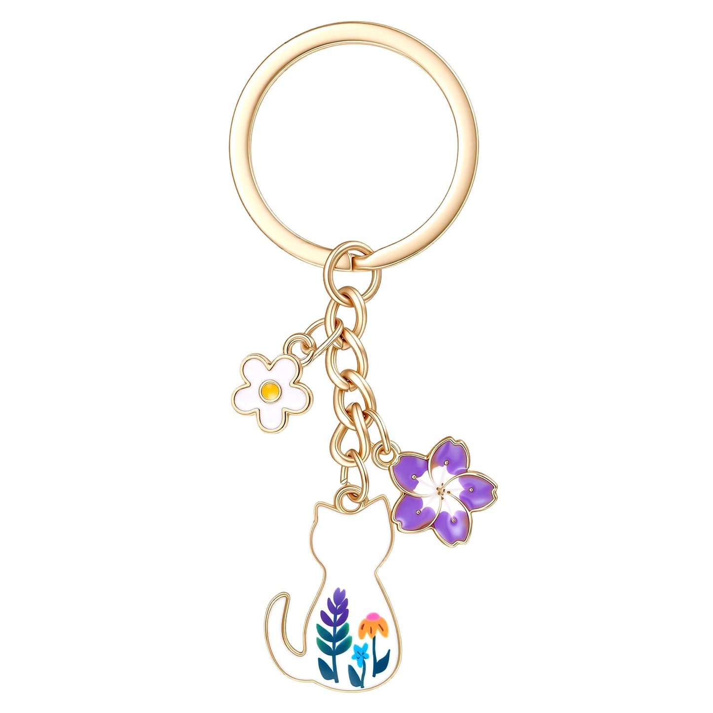 Alrhso Cat Keychain with Flower Accessories Kawaii Cat Enamel Sakura Keychain for Keys Purse Handbags Girls Women Gift