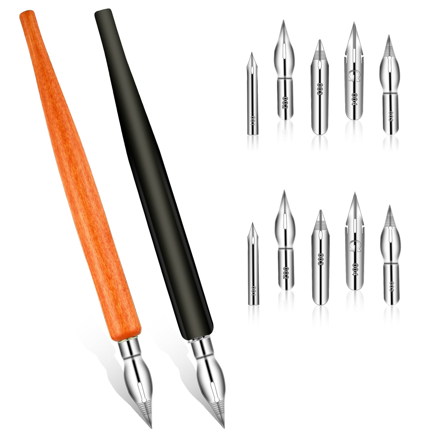 12PCS Comic Pen Nibs for Drawing, Oblique Calligraphy Dip Fluid Writer Pens, Wooden Drawing Pens Holder with 10 PCS Stainless Steel Pen Replacement Nibs Nib for Writing, Painting, Signing, Sketch