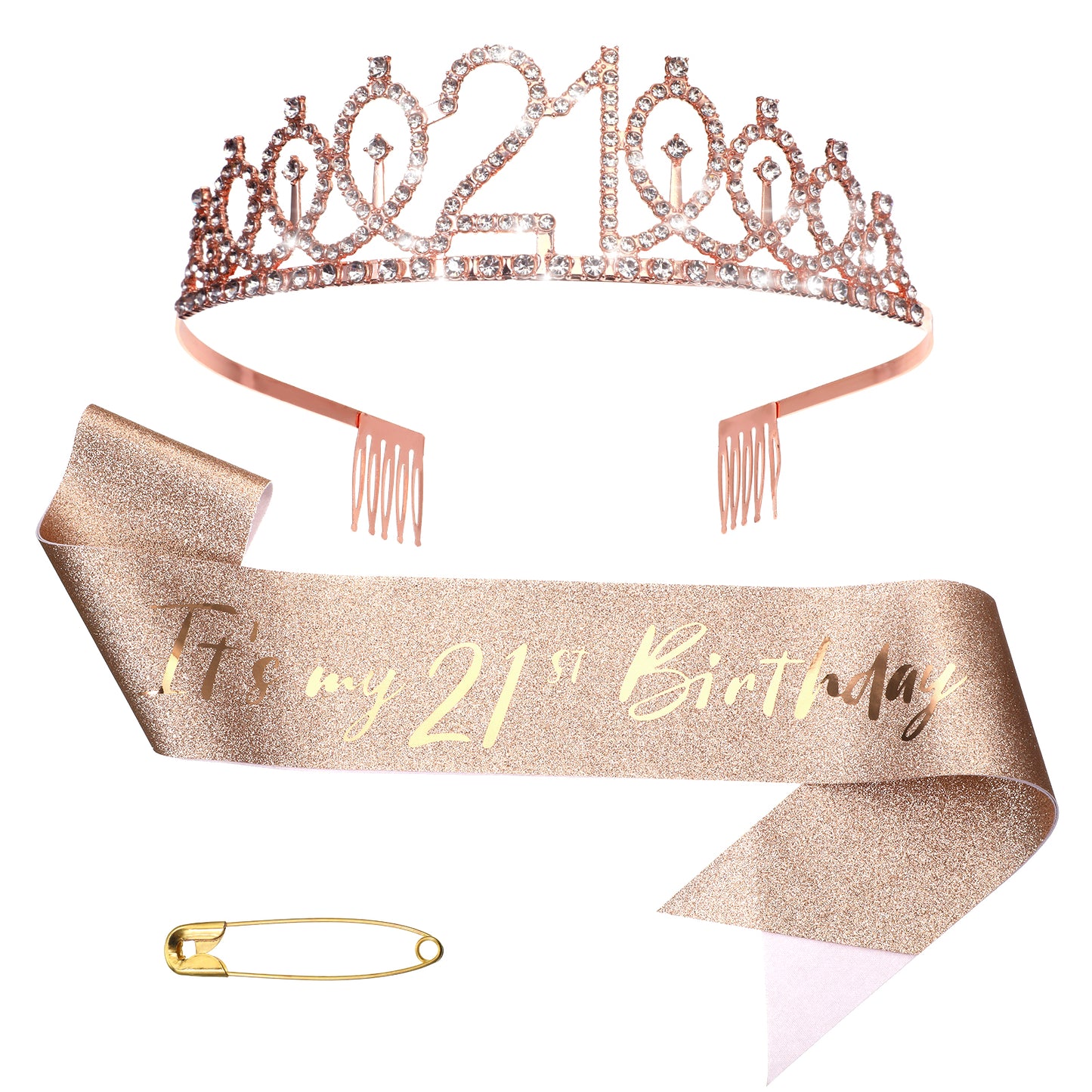 21th Birthday Decorations for Girls, 21th Birthday Gifts for Girls Including 21 th-Birthday Crown/Tiara+Sash for Women+Pearl Pin, 21th-Rhinestone Crown Kit (Rose Gold)
