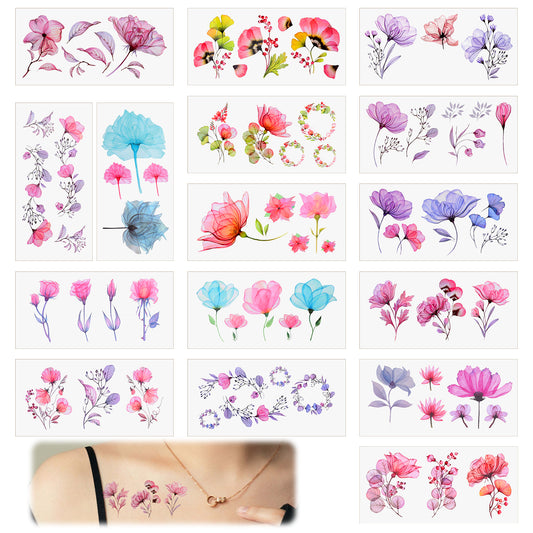 Watercolor Temporary Tattoos for Women Girls 16 Sheets 3D Watercolor Arm Fake Flowers Temporary Tattoos Body Art Water-color Rose Lily Flower Tattoo