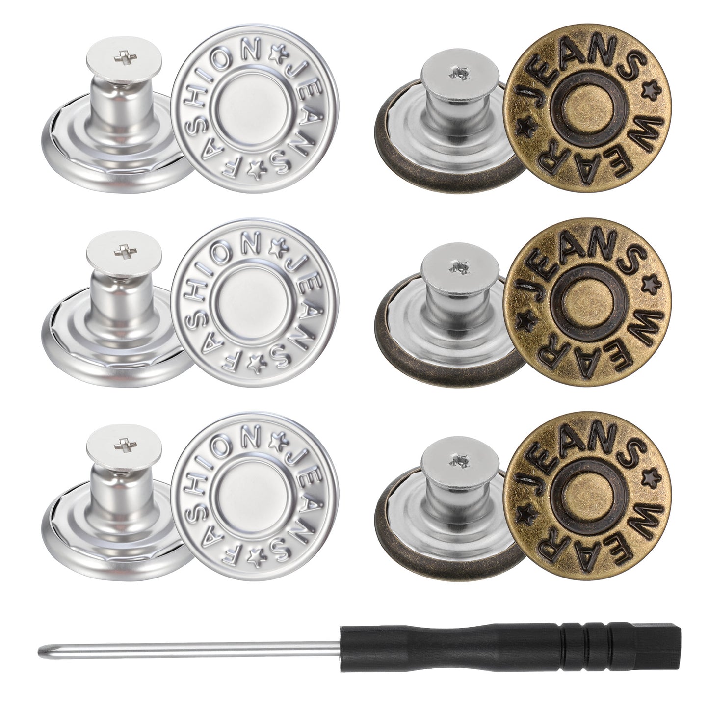 20 Pack Buttons for Jeans, 17mm Replacement Jeans Buttons No Sew Nailess Removable Metal Button Adjustable Button for Jean Metal Jean ButtonRepair Kit with Combo Thread Rivets and Screwdrivers