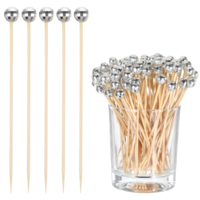 100 Pcs Disco Ball Toothpicks, 4.7 Inch Silver Cocktail Picks Wooden Food Pick Skewers Decorative Toothpick Mirror Ball Drink Stirrers for Appetizers, Food, Drinks, Fruits, Disco Party Supplies