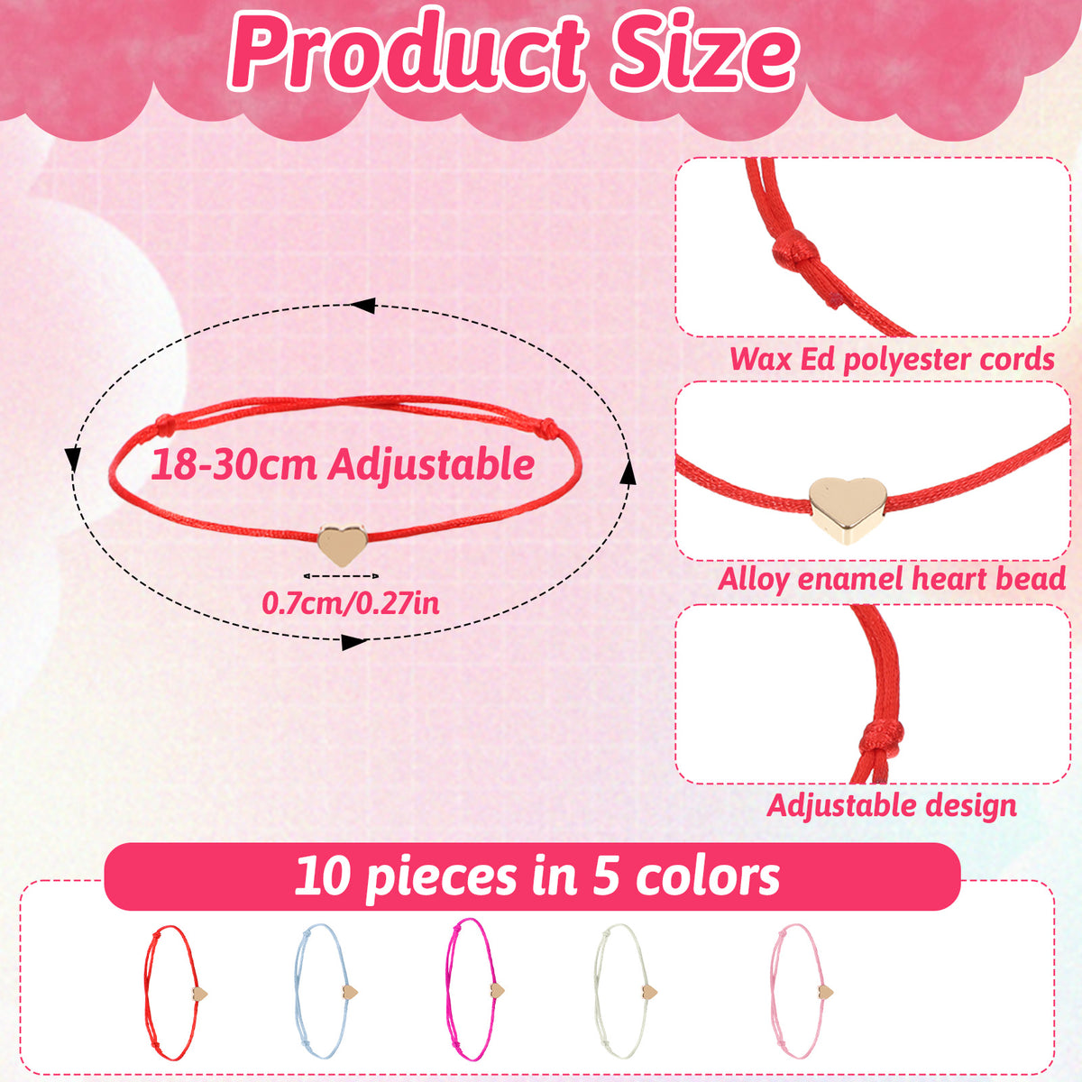 Zelphvt 10 Pcs Heart Friendship Bracelets, Adjustable Rope String Bracelet