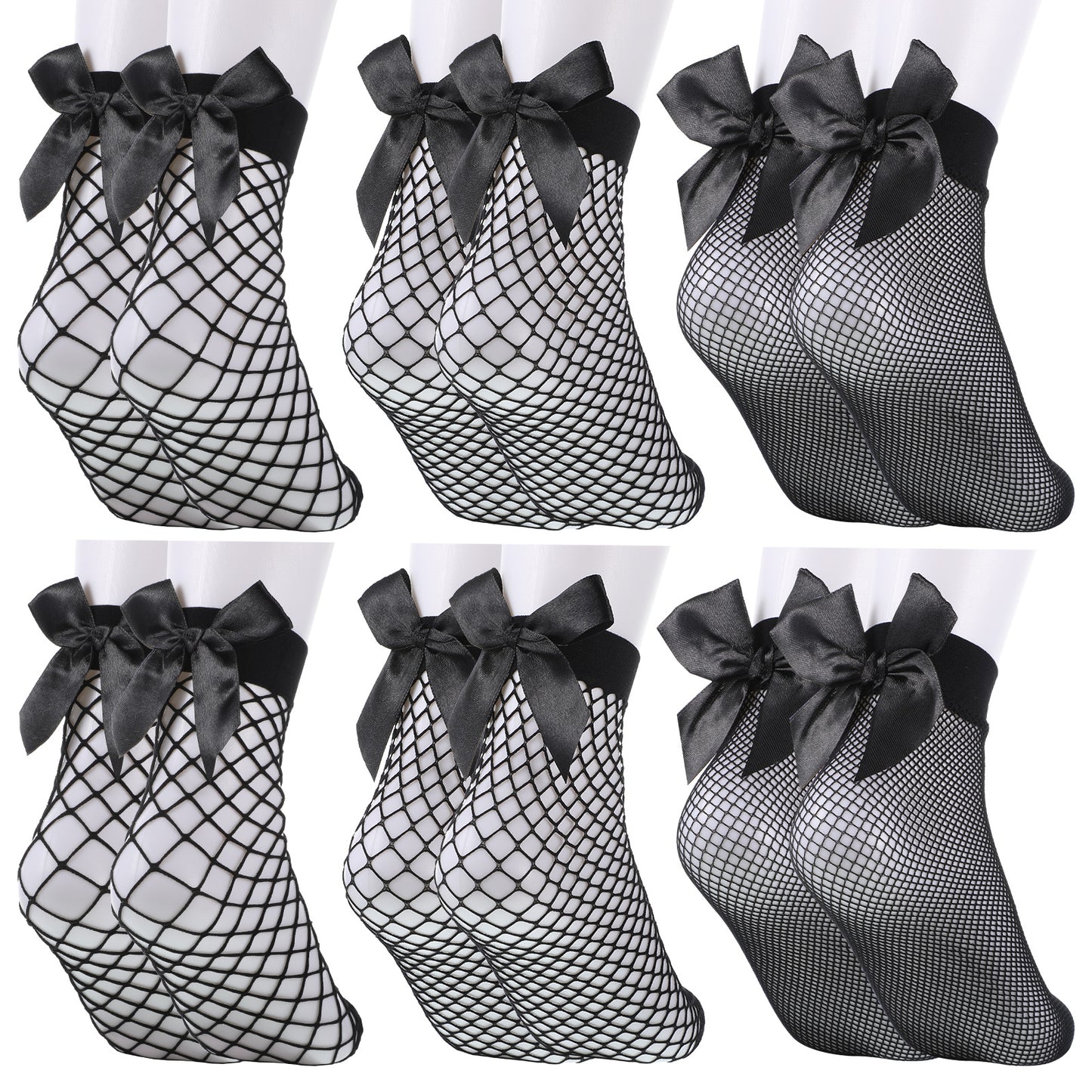 Styquenzer 6 Pairs Fishnet Socks Bow Socks Black Sheer Sock Fishnet Sock for Women Elastic Ankle High Hollow-Socks for Summer