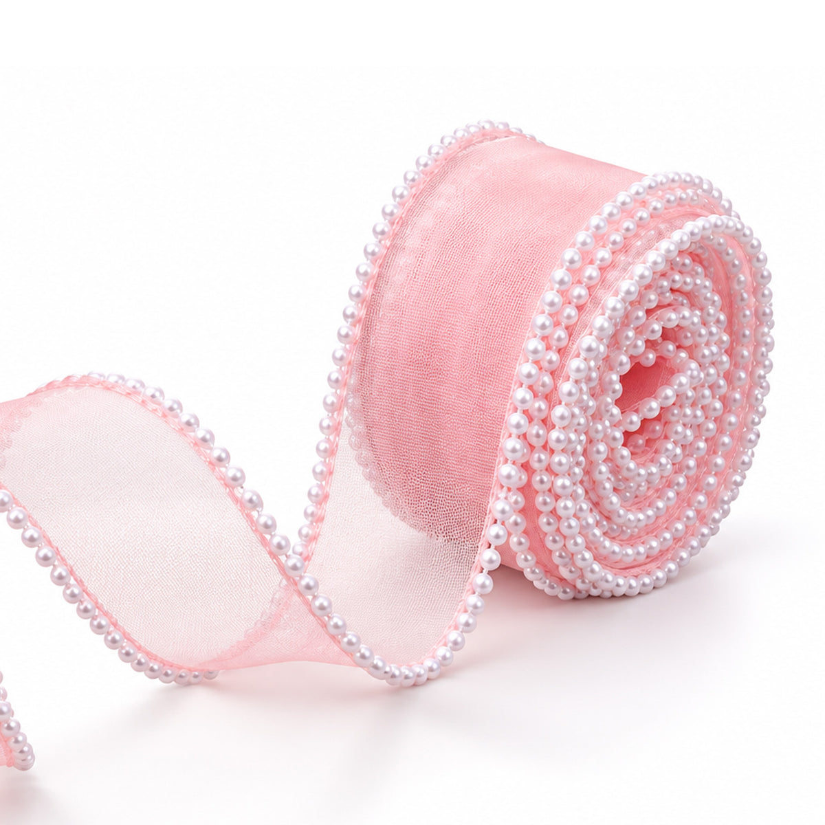 4.5m Pink Chiffon Ribbon for Gift Wrapping Faux Pearl Edge Organza Ribbon