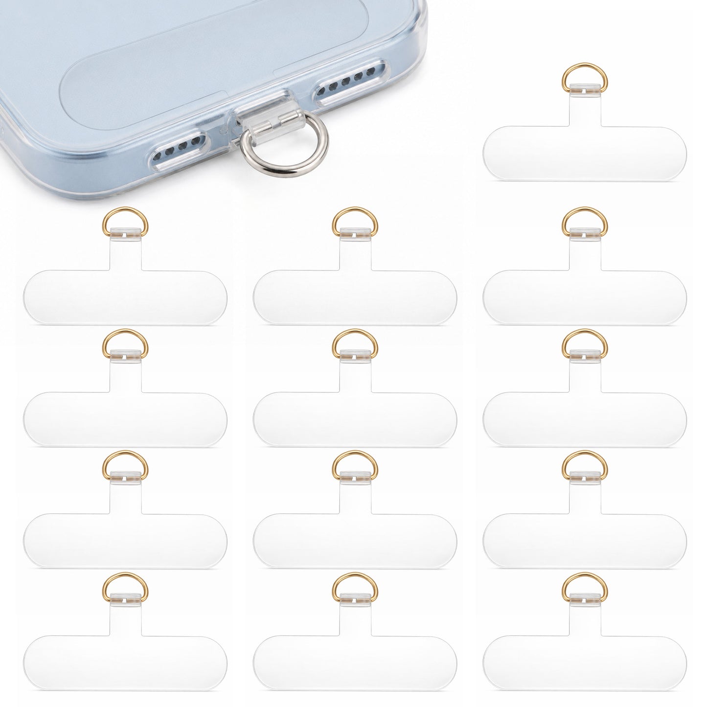 Skrfren 12 Pcs Universal Phone Lanyard Patch Transparent Phone Tether Tabs for Smartphone Cases Cellphone Strap (T Type, Gold Buckle)