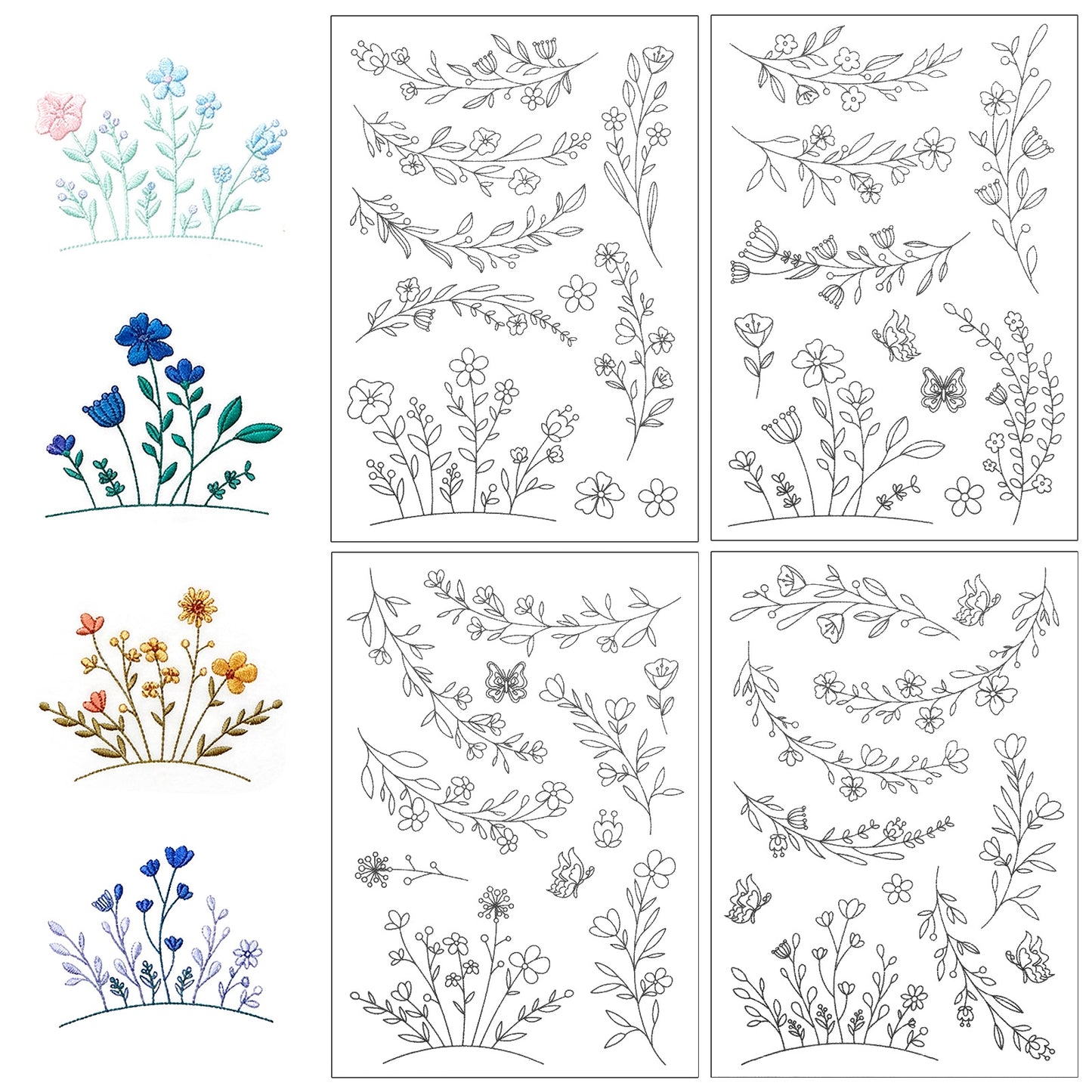 4 Sheets Water Soluble Embroidery Patterns Stabilizers, Stick and Stitch Embroidery Paper Wash Away Paper with Printable Flower Designs, Pre-Printed Floral Patterns for Hand Sewing Beginners Lovers
