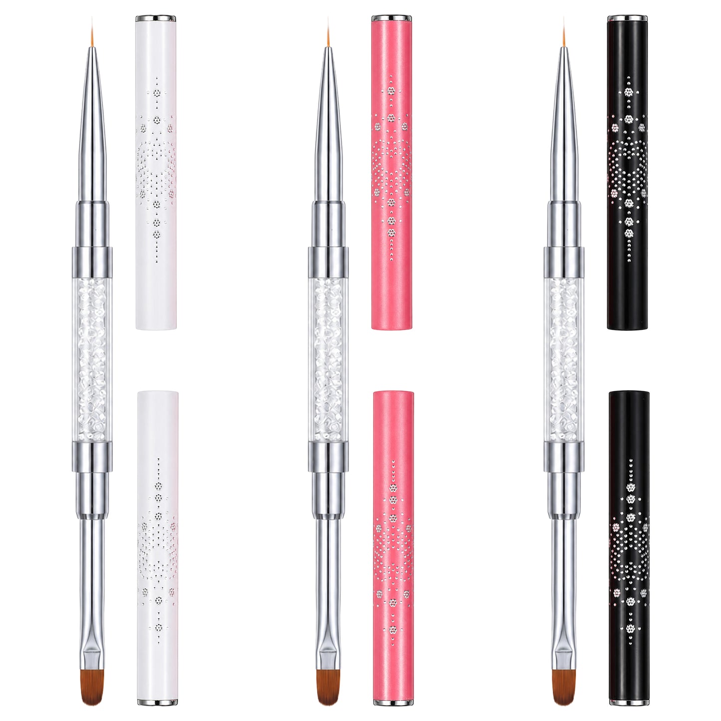 3Pcs Dual Ended Hard Gel Nail Brushes, Gel Nail Brush, Spatula & Liner Brush with Rhinestone Handles, Professionall Nail Art Design Tools Builder Gel, Nail Polish Application, DIY Manicure & Salon Use