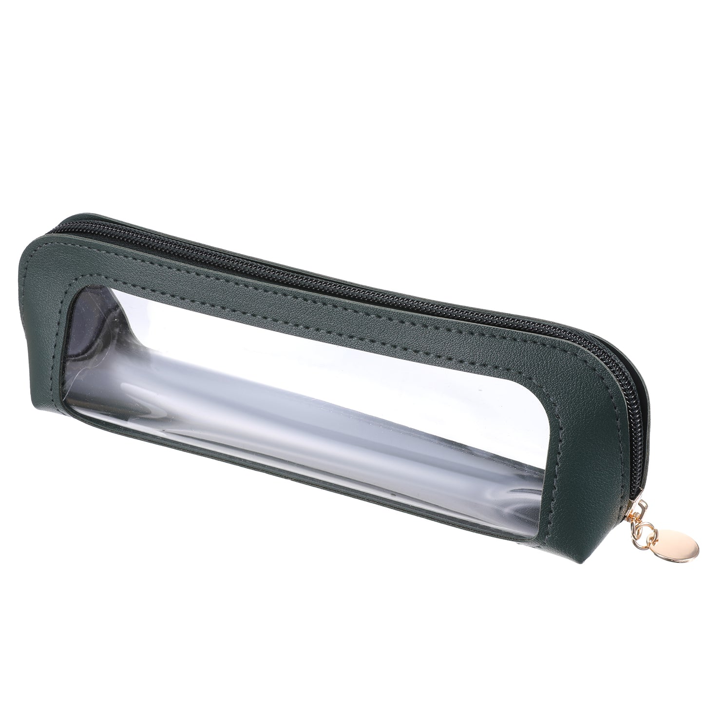 Small Clear Makeup Bag, PU Leather Travel Makeup Brush Pouch Portable Transparent Waterproof Cosmetic Organizer Pouch with Zipper for Women Home Travel Office Cosmetic Storage (Dark Green)