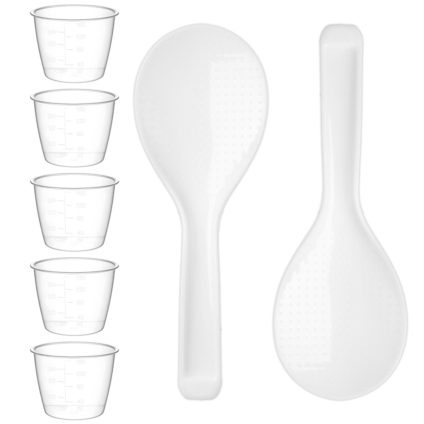 5 Pack Plastic Rice Measuring Cups, Rice Cup Replacement, 160ml Measuring Cup for Rice Cooker, Heat Resistant Non Stick, with 2 Pack Rice Paddle Rice, Kitchen Supplies, Cat Dog Food Measuring