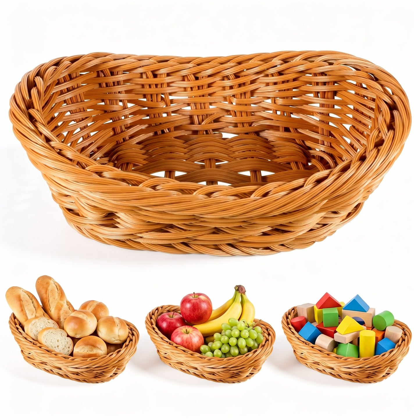 Small Poly Wicker Woven Bread Basket, 20 x 12.5 x 7.3 cm Oval Plastic Wicker Serving Basket for Serving Fruits Vegetables Kitchen Restaurant Display Centerpiece Storing Bread (Brown)