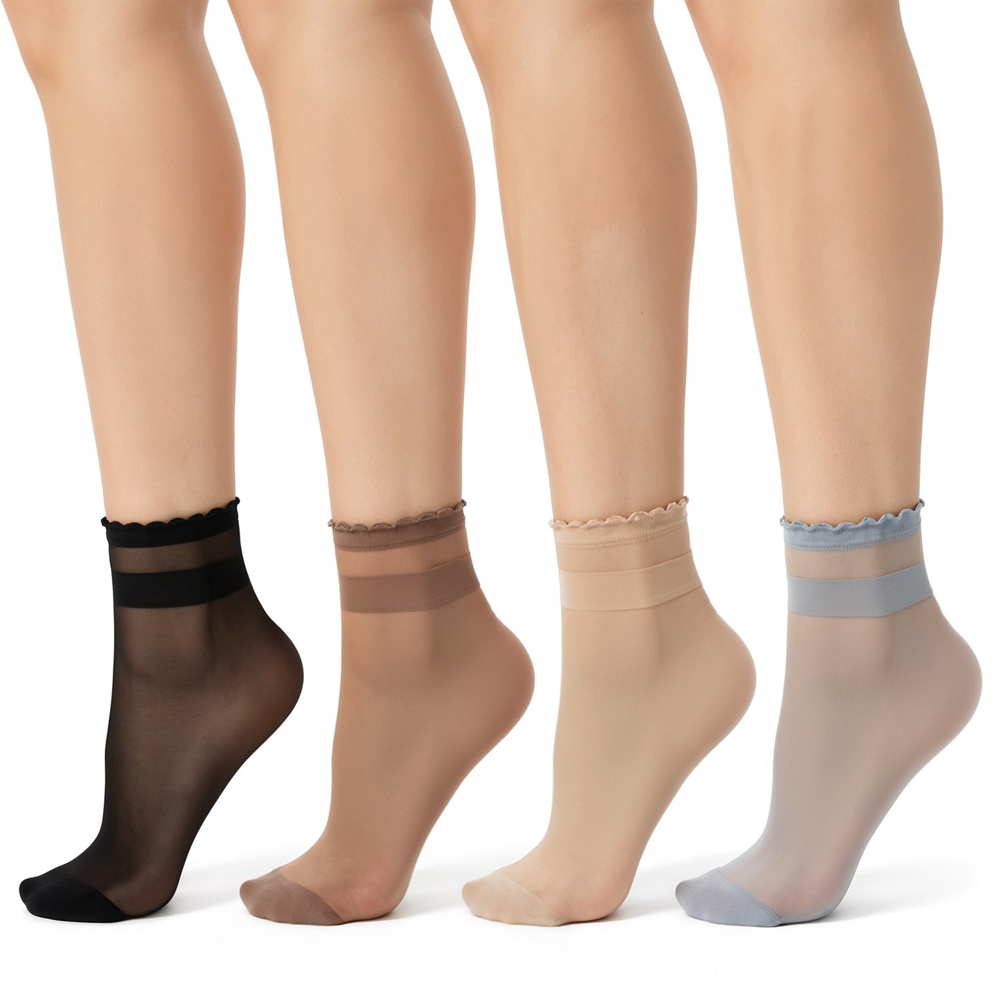 8 Pairs Womens Sheer Ruffle Socks, Ultra Thin Nude Ankle Socks, See Through Silk Nylon Stockings, Anti-Slip Invisible Elastic Short Sheer Sock for Women, Cool Breathable Summer Sock (4 Colors)