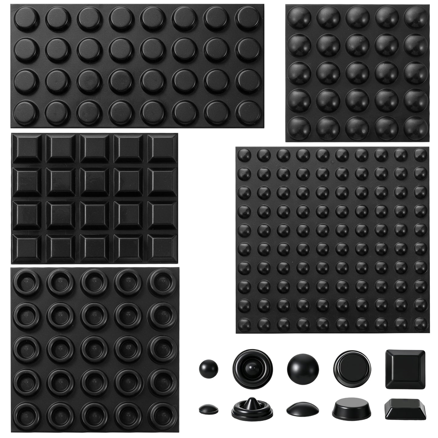 202 Pcs Soft Black Cabinet Door Bumper Pads Adhesive Bumper Pads Rubber Feet Self Stick Furniture Buffer Pad for Cabinet Doors Drawers Glass Tops Picture Frames Boards (Round Spherical Square)