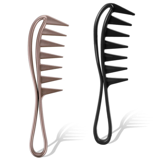 Wide Tooth and Large Texture Comb, Durable Plastic Anti-Static Shower Comb with Shark Teeth Design for Wet Hair, Waves, Wigs - Professional Hairstyling Tool for Barbers and Salons (Black & Champagne)