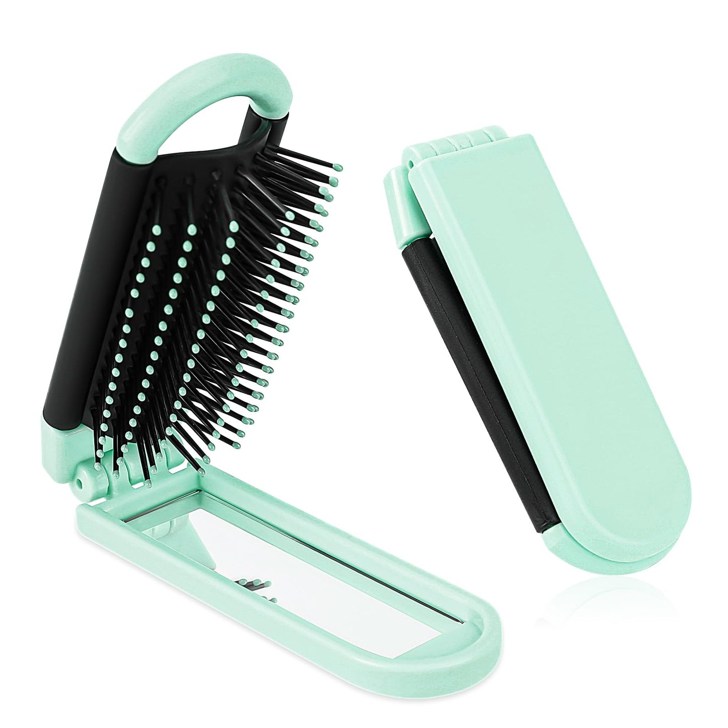 Travel Folding Hair Brush with Mirror for Women, Small Collapsable Hair Comb with Soft Nylon Bristles Portable Mini Pocket Size Scalp Hairbrush for Purse Thick Thin Curly Straight Wet Dry Hair