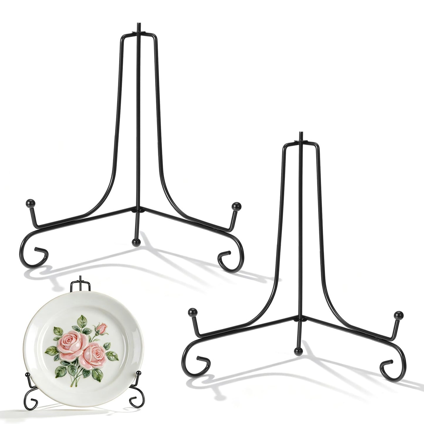 Jxiwfvl 2 Pack Black Iron Plate Stands for Display, 8 Inch Decorative Metal Plate Holders Mini Solid Easel for Displaying Frames, Books, Cards, Plaques, Bowls, Pictures