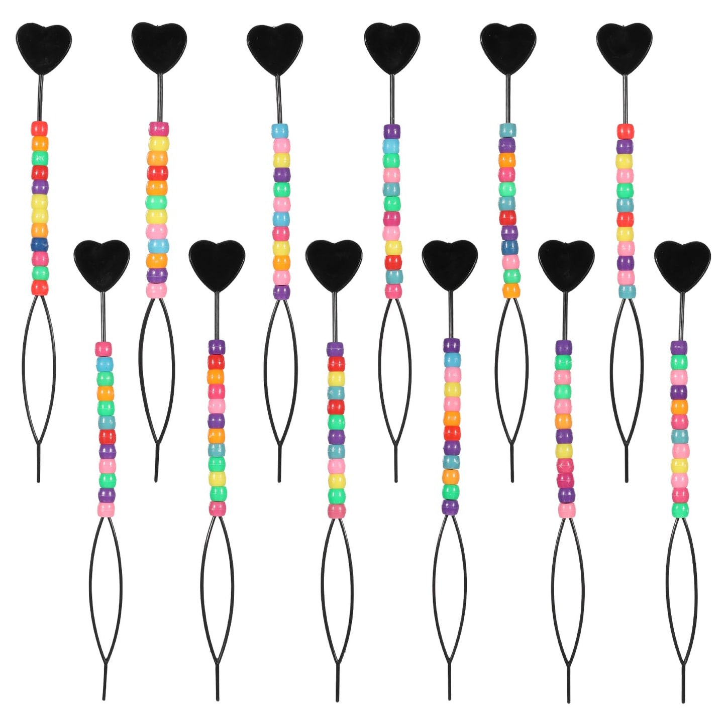 Quick Tail Hair Beader for Braiding Beads on Braids, 12 PCS Black Elastic Hair-Beader Loop Bead Threader Set with Colorful Beads for Women Girls Ponytail Topsy Hairstyling Maker