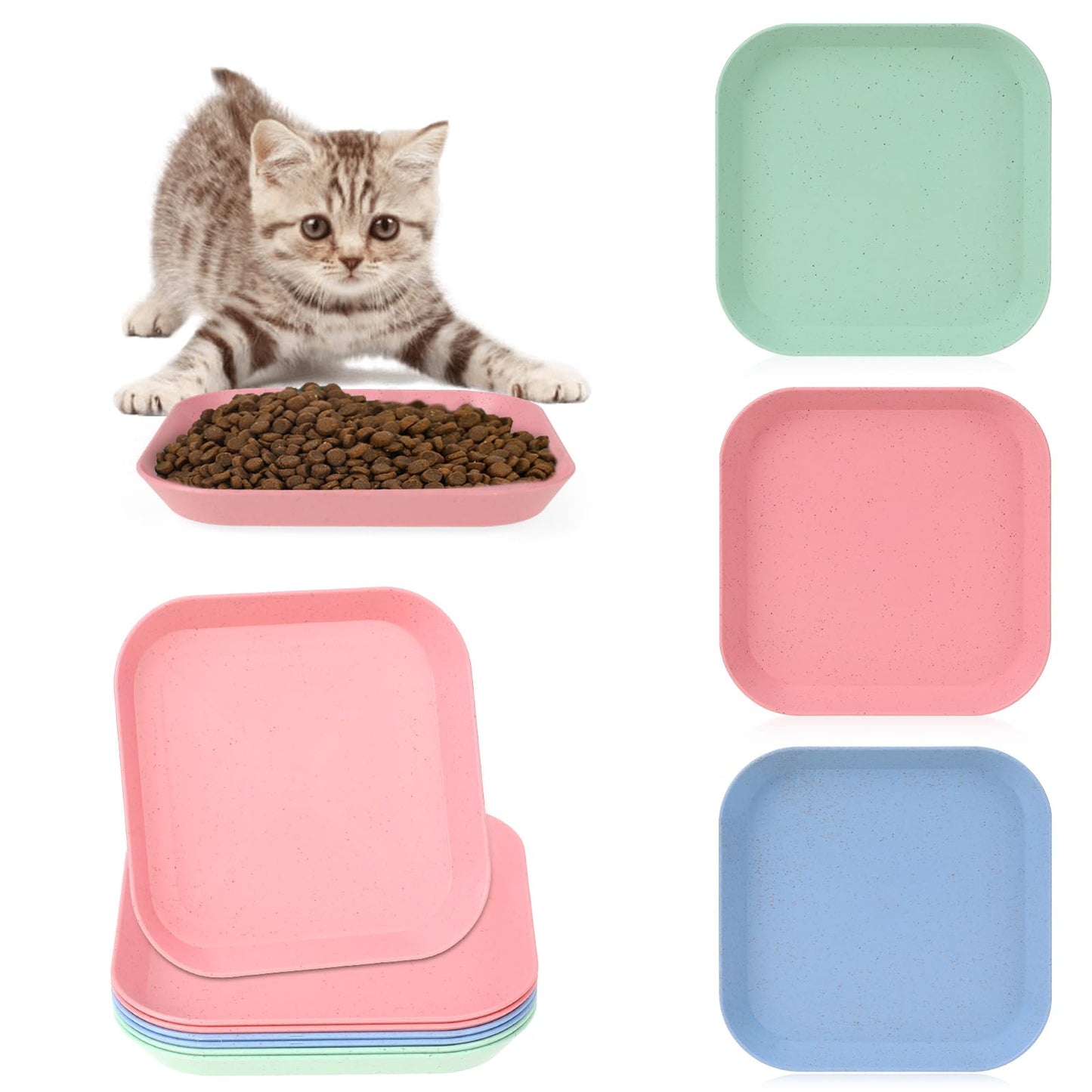 6 Pcs Cat Food Dish Shallow Cat Wet Food Flat Cat Bowls Whisker Fatigue Free Cat Food Bowls Cat Dishes for Food and Water Wide Cat Plate for Kittens and Short Legged Cat (Color B, Square)