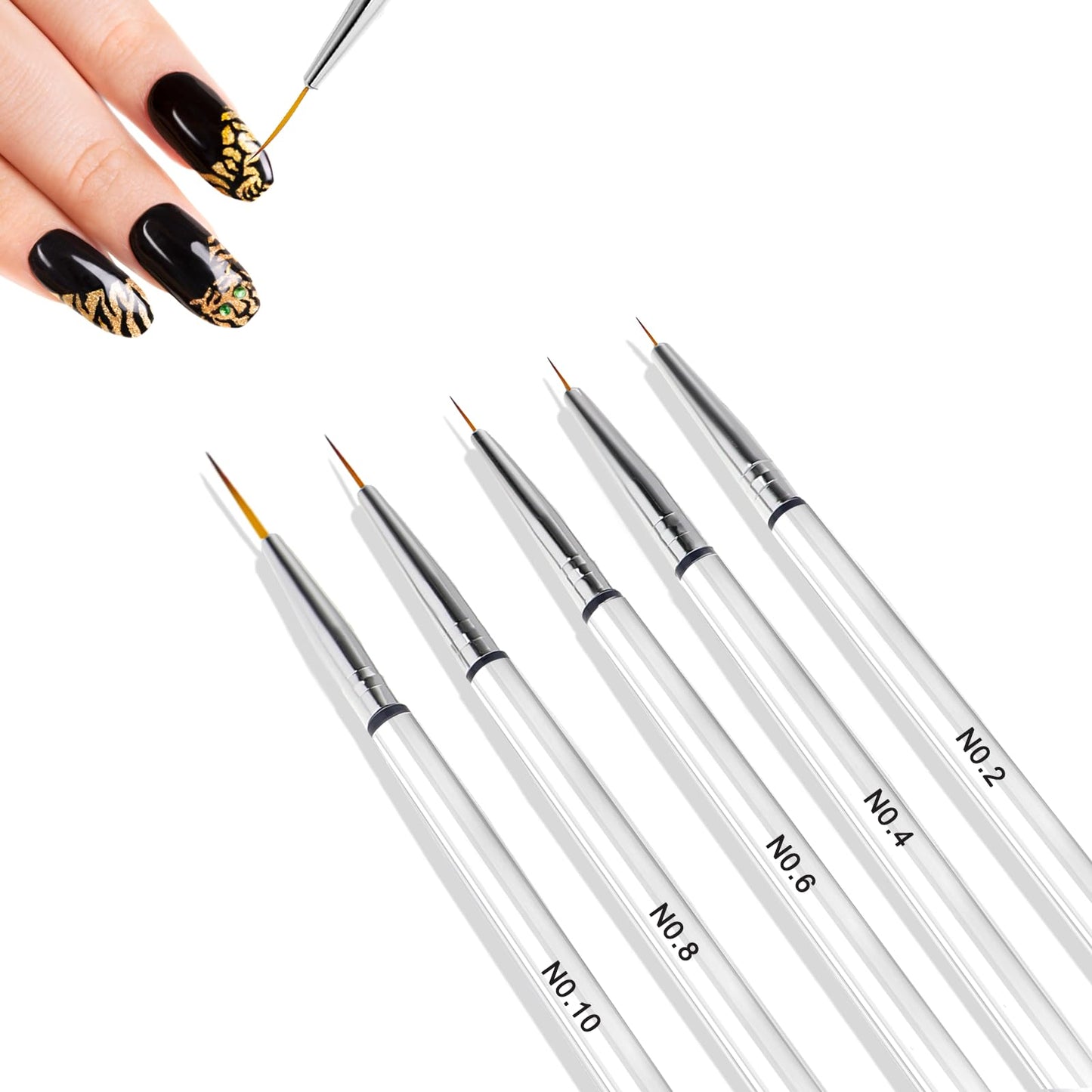 Nail Art Brushes, 5Pcs Thin Liner Brushes 6/8/10/12/20mm Gel Polish Brush Detail Drawing Brush for Long Lines, Thin Details, Fine Drawing(Clear)