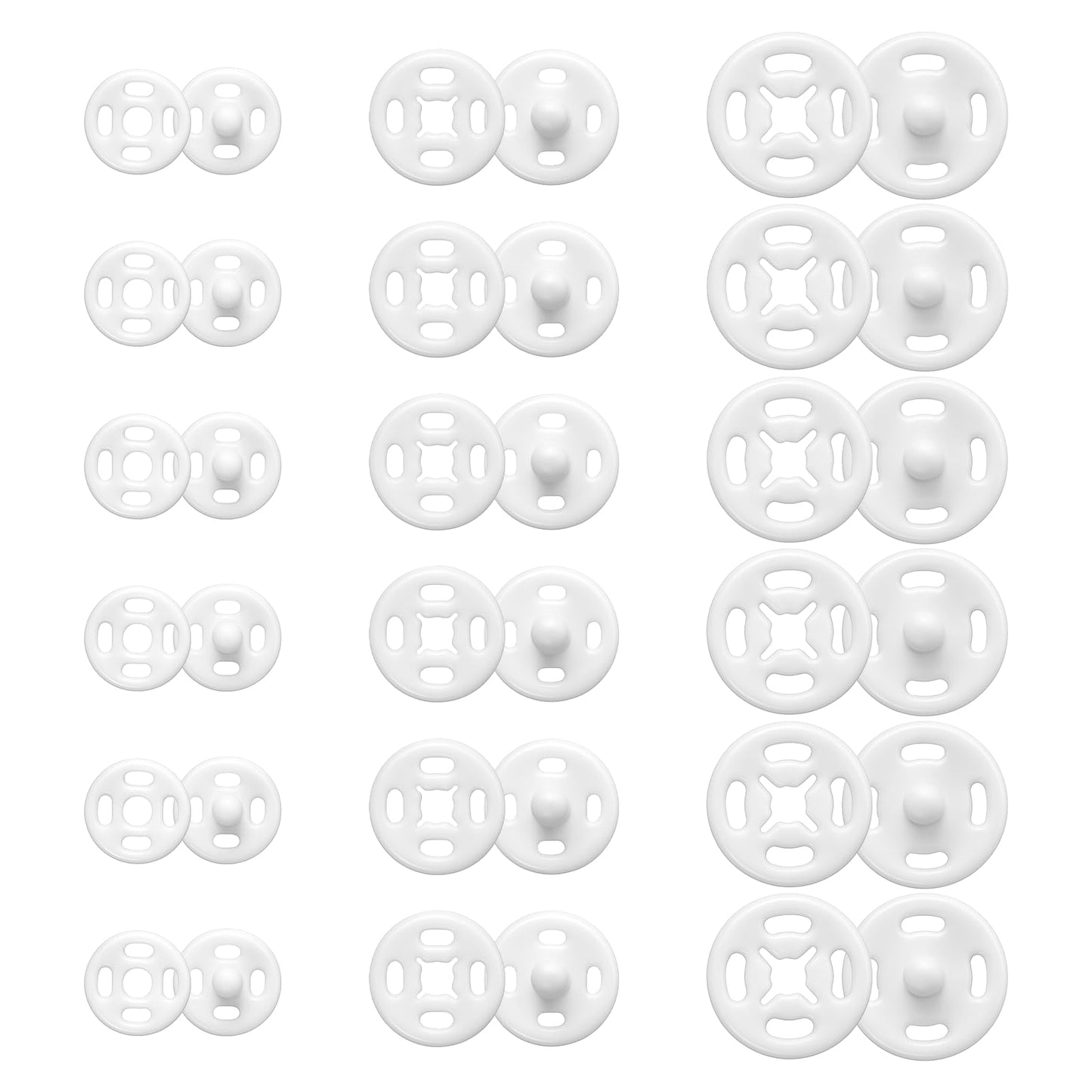 Plastic Snaps for Fabric, 36 Pcs 3 Sizes White Round Snap Buttons Mini Snaps for Sewing Sew on Snap Button Fasteners for Sewing DIY Crafts Clothing Shirt Pant (7.5mm, 10mm, 12.5mm)