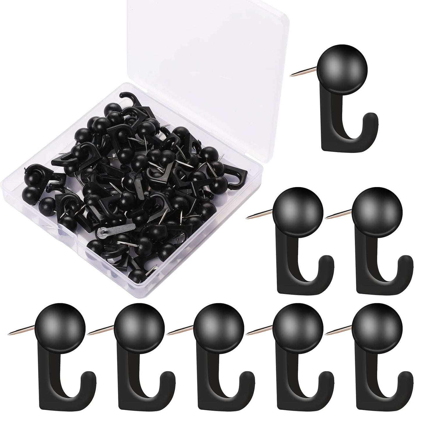 50Pcs Metal Push Pin,Black Thumb Tacks Hooks Hangers Pin Cork Bulletin Board Hooks Wall Hooks Picture Hanging Pin Picture Nails Frame Oil Painting Hooks on Wooden Wall for Home and Office