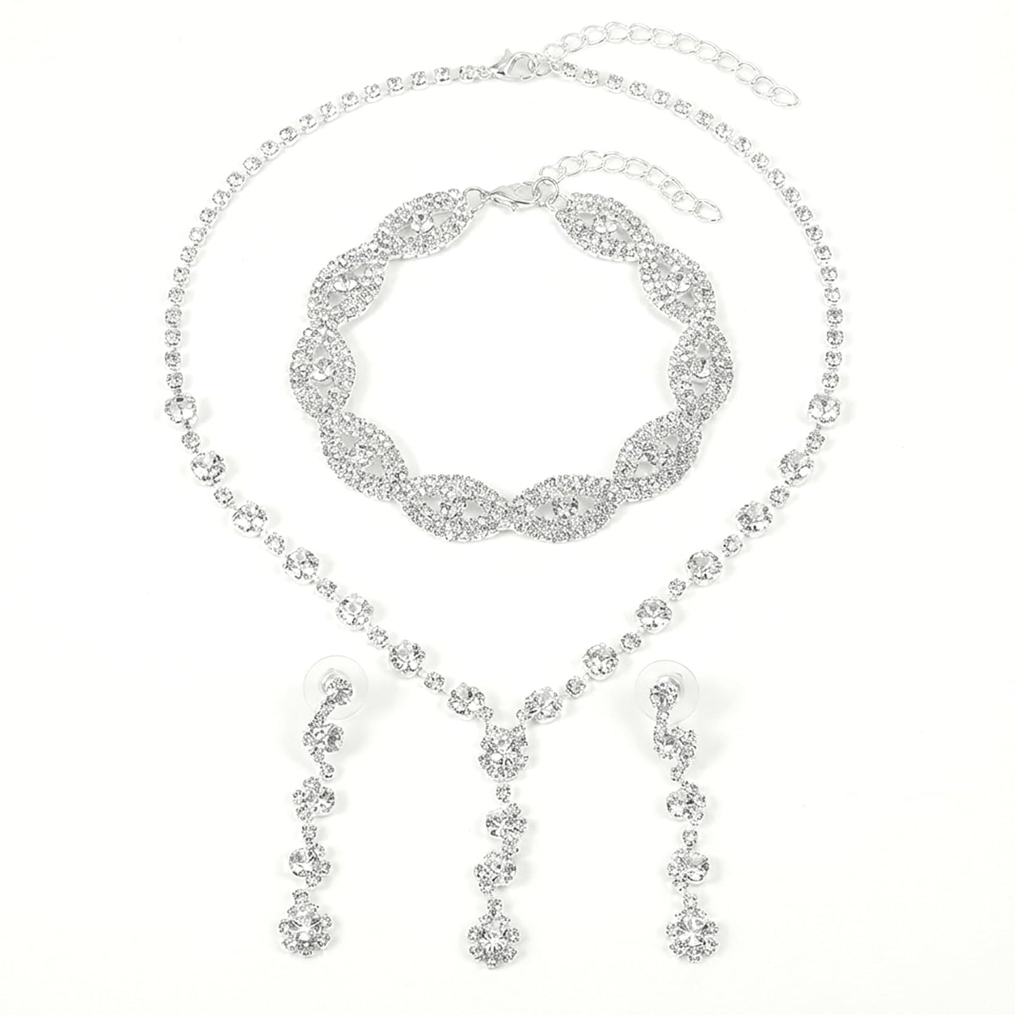 Psiriol Silver Jewelry Set Wedding Jewelry Set, Necklace Bracelet Earrings Rhinestone Accessories Wedding Sets for Bridal Women, Formal Prom Dress for New Years Eve