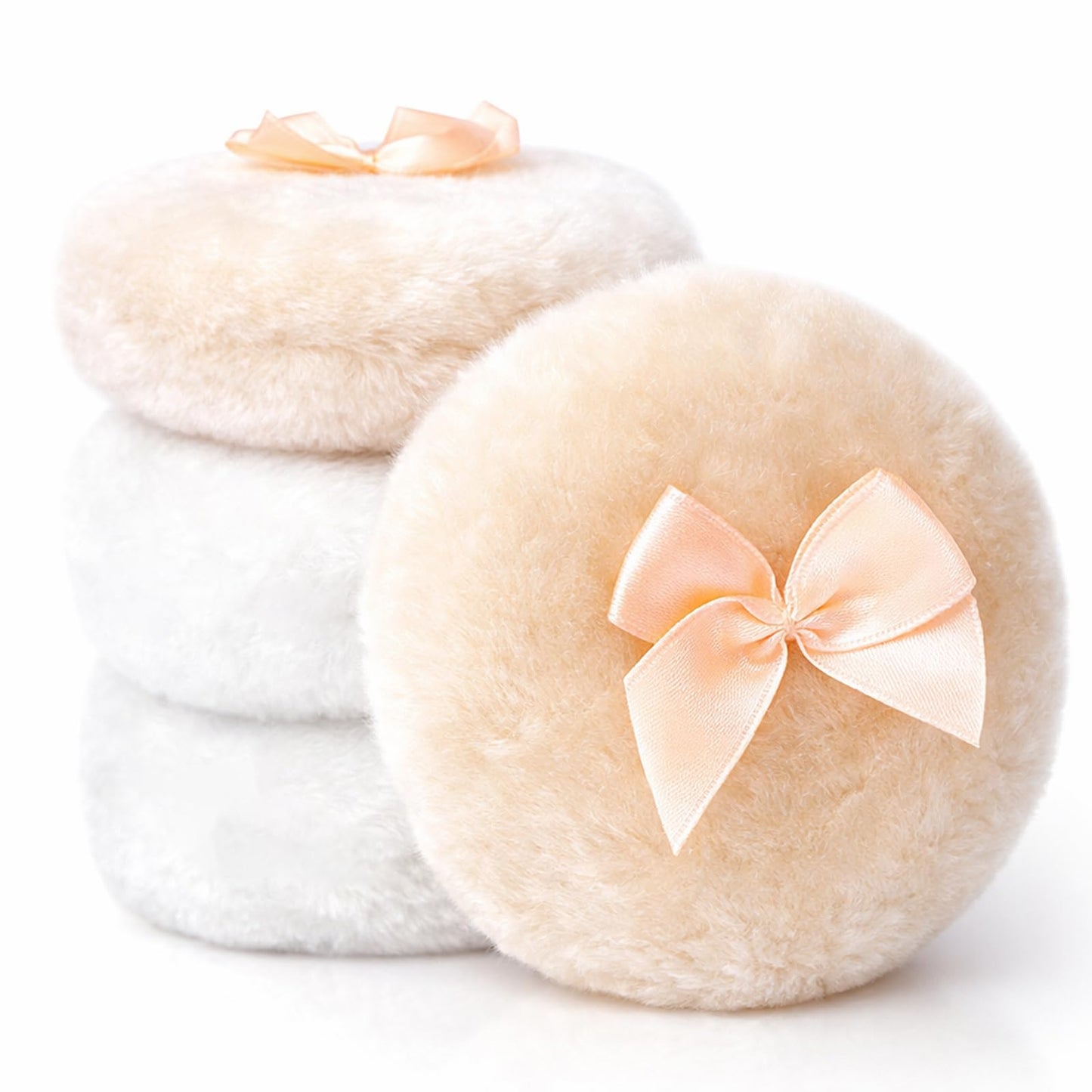 4 PCS Large Fluffy Powder Puff, Soft Large Face Body Powder Puffs with Ribbon Bow Handle Ultra Soft Body PowderPuff, Washable Reusable Dusting PowderPuff for Makeup Face Bodys, White Beige