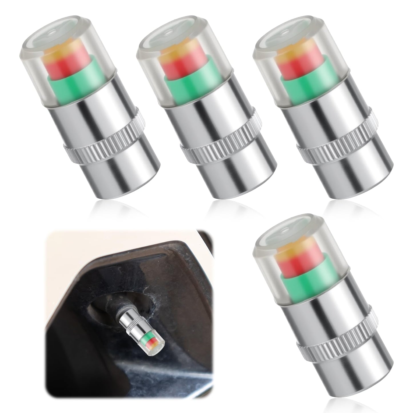 4 Pcs Tyre Pressure Caps, Warning Safety 3 Color Sensor Indicator, Tyre Valve Dust Cover Air Valve Cap with Nut and Wrench