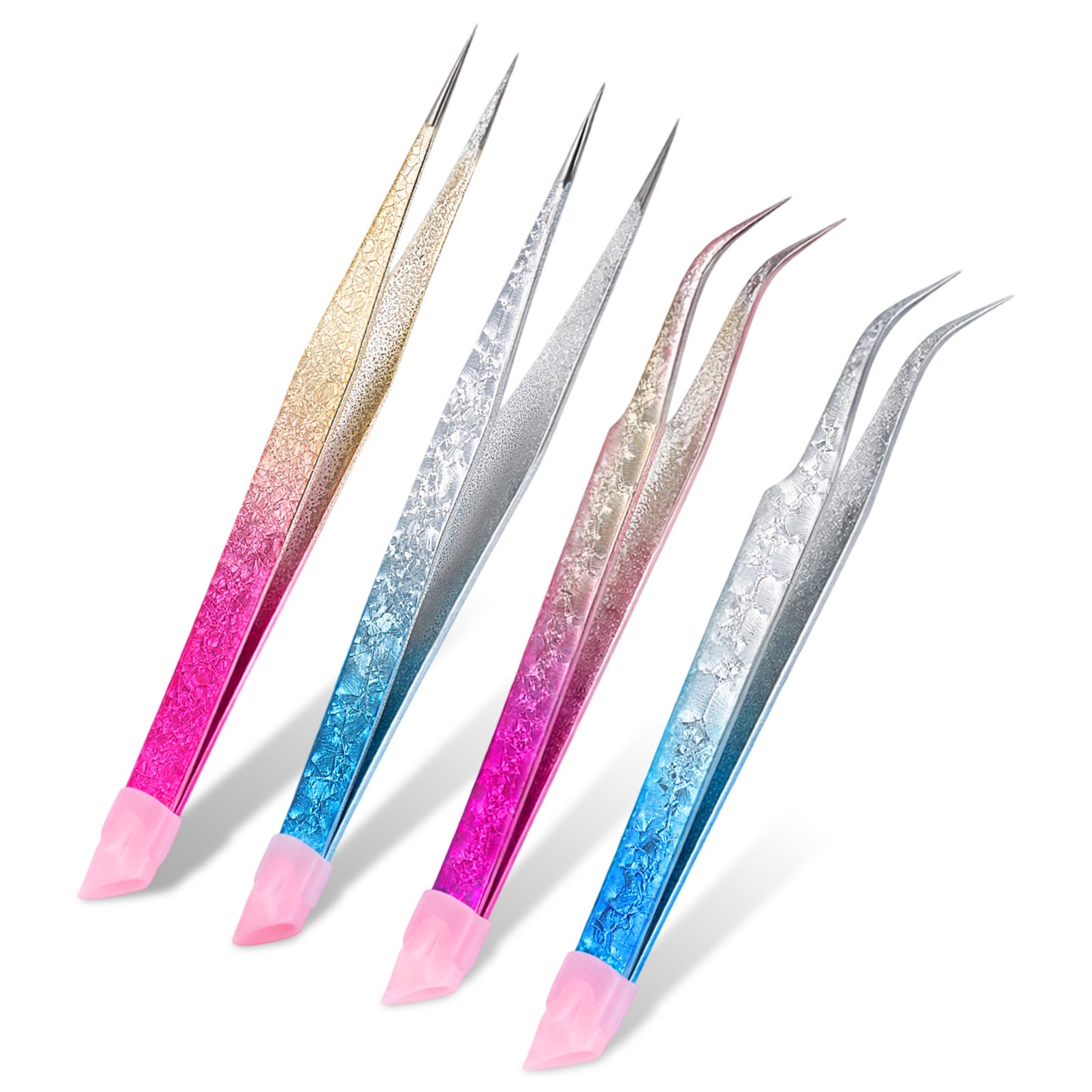 4 Pcs Double Ended Nail Tweezers Stainless Steel Straight and Curved Tip Needle Nose Tweezers Set with Silicone Pressing Head for Eyelash, Nail Art, Gem Picker Tool (Crystal Blue, Crystal Pink)