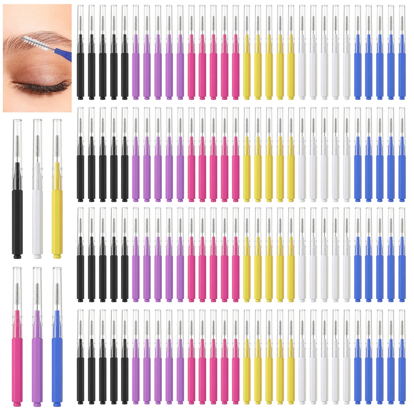 120PCS Micro Eyebrow Brush with Cap Brow Lamination Brush Professional Micro Spoolies Eyelash Extensions Makeup Spoolies for Travel Home Salon Makeup Artists Beauty Lovers (Multicolor)