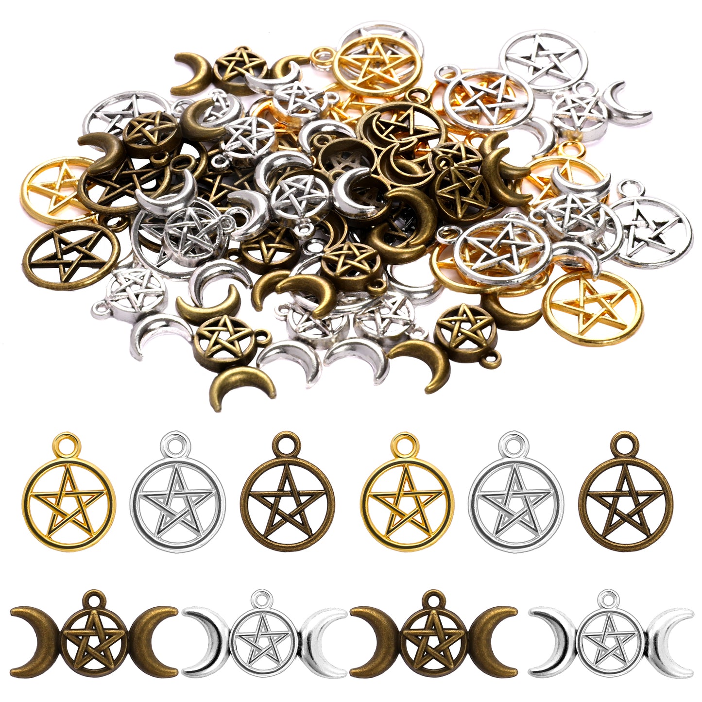 Alloy Pentagram Crescent Moon Charms 50PCS Pentacle Star Charms Pendant Lucky Witch Pendants Celestial Charms Mixed Moon Star Charms for DIY Earrings Necklace Bracelet Jewelry Craft Making Accessories