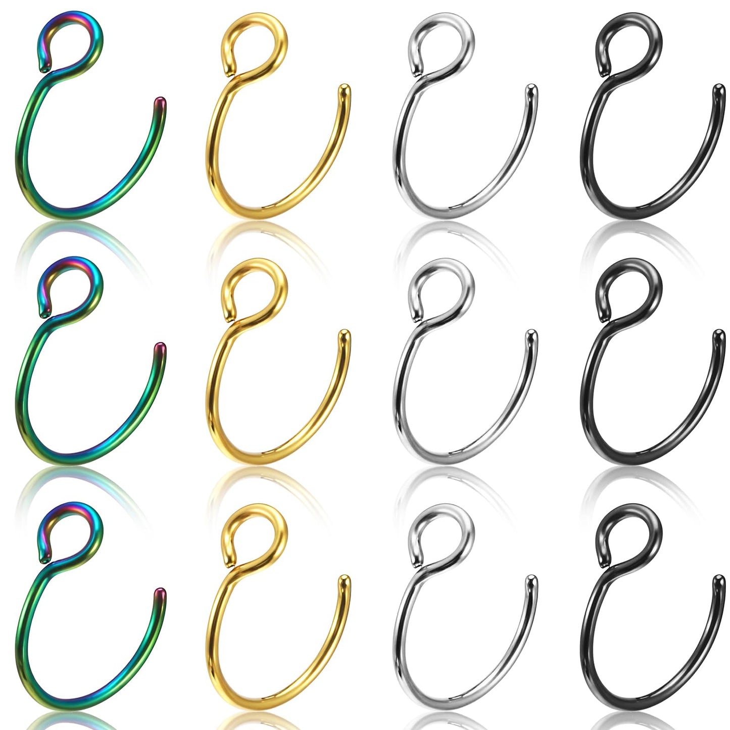 Zyghjort Fake Nose Ring, 12Pcs 20g Non Piercing Nose Rings for Women Stainless Steel Fake Nose Piercing for Women Men (Black, Silver, Gold, and Rainbow Colors)