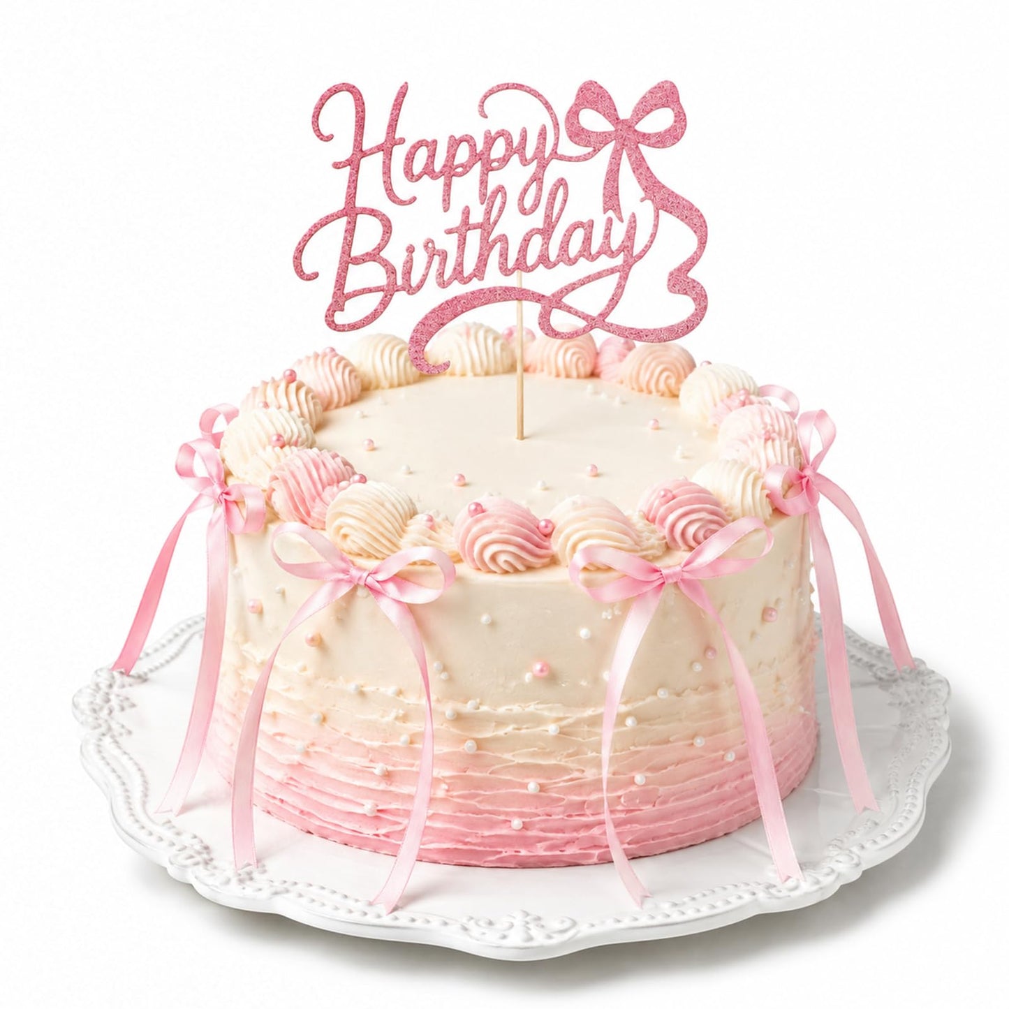 Pink Ribbon Bows for Cake, Bow Happy Birthday Cake Toppers