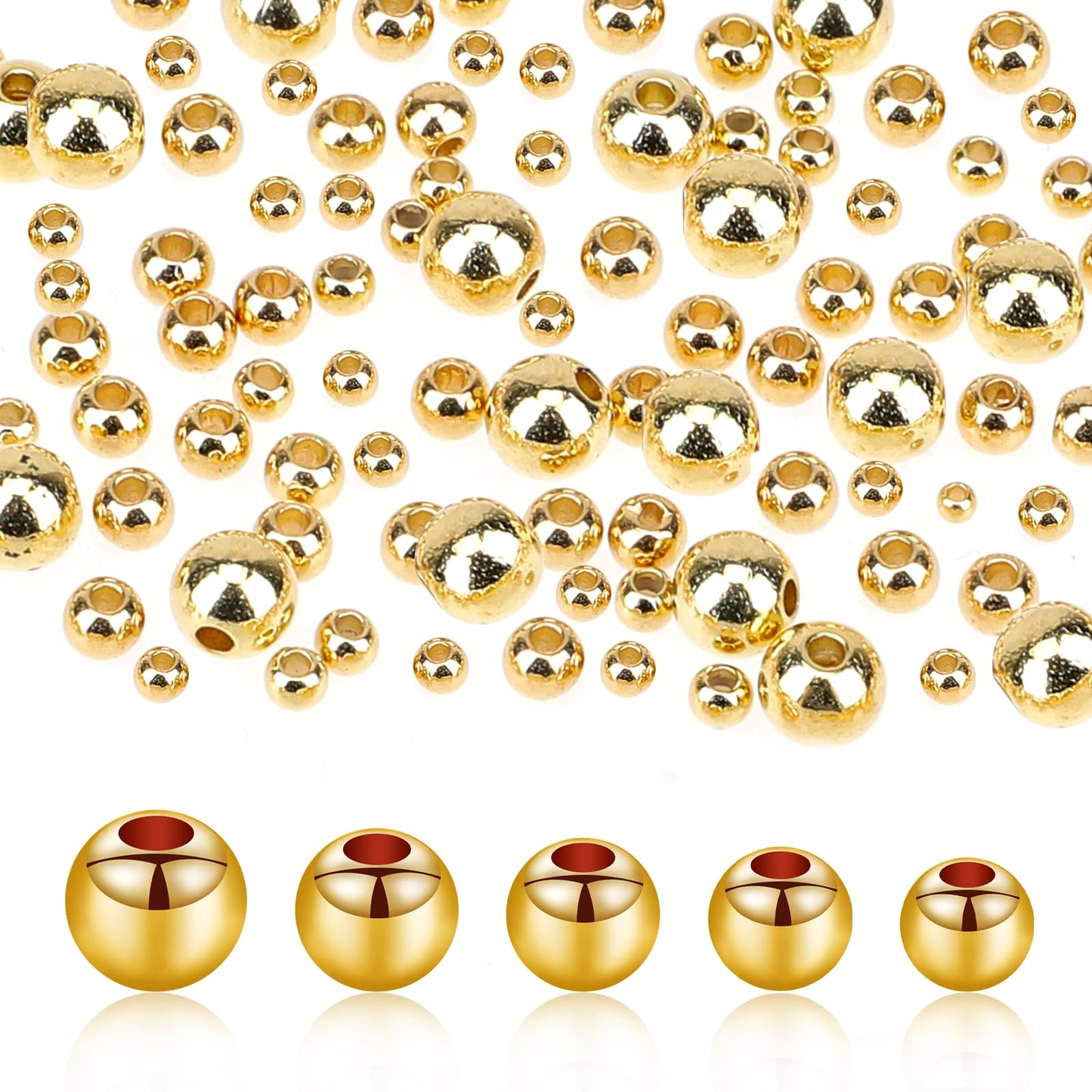 Smooth Round Beads, Pack of 300 Spacer Beads, Small Spacer Beads, 2/3/4/5/6 mm, Golden Beads for Threading, Loose Spacer Beads, Seamless Ball Beads for DIY Bracelet, Necklace, Jewellery Making